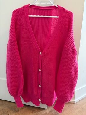 Women's Hot Pink V-Neck Button Cardigan Sweater